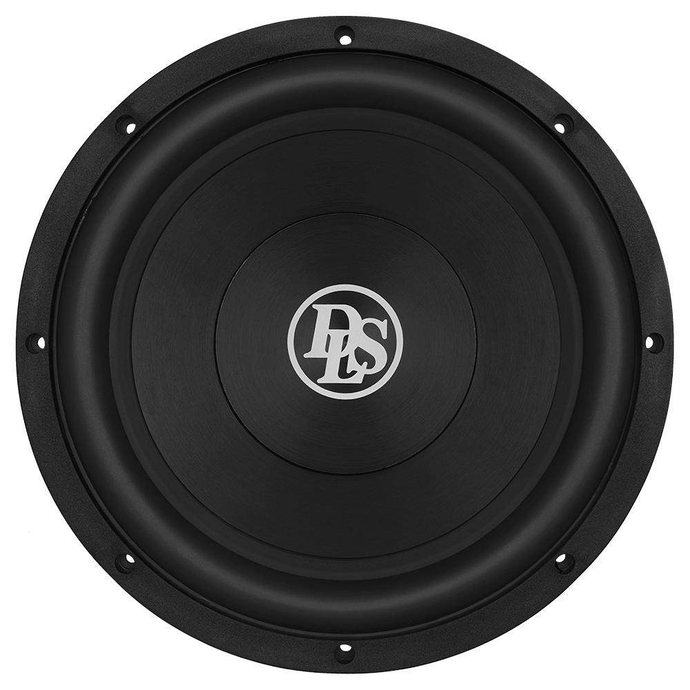 Svart 12-tums bashögtalare med logotyp och slät yta.