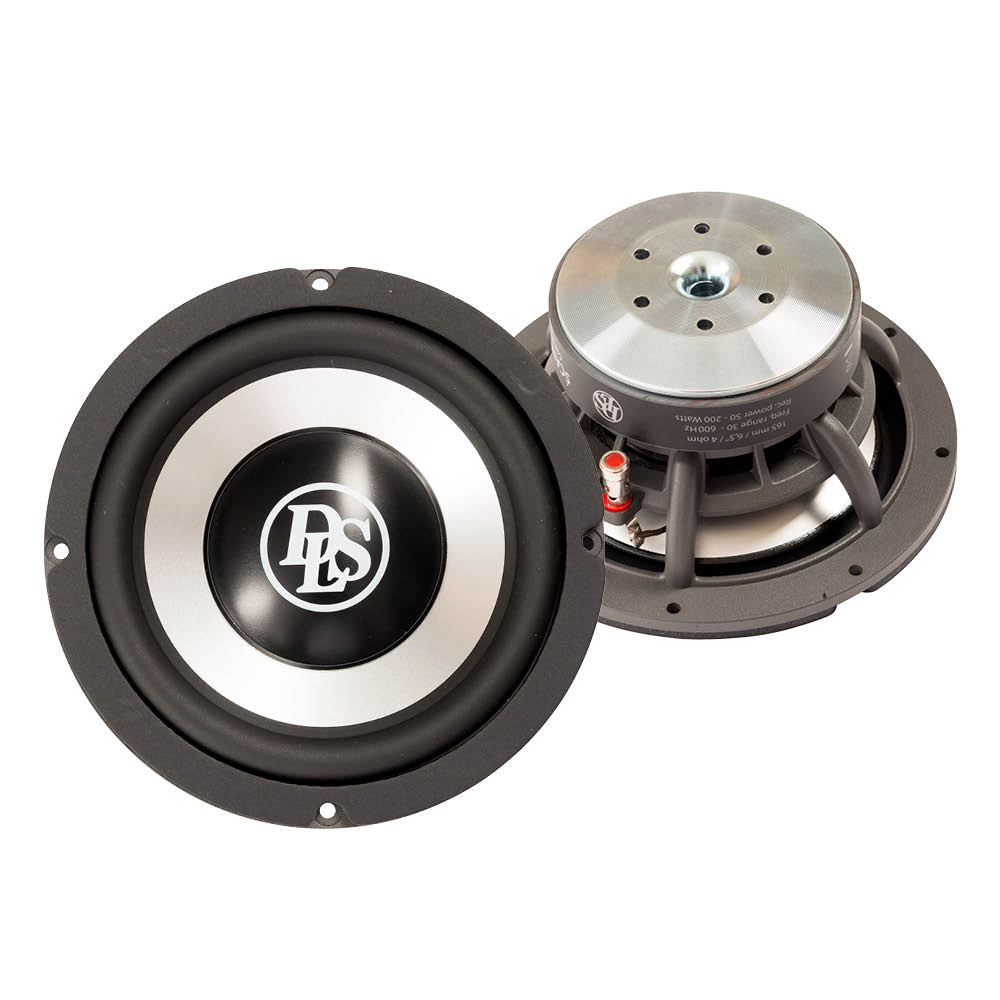 Högtalare med metallicfinish och DLS-logotyp.