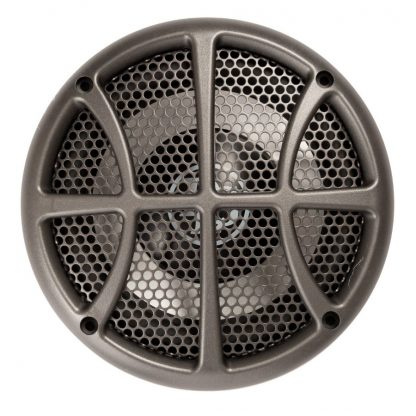 Högtalare med galler i svart och grå nyans, rund design.