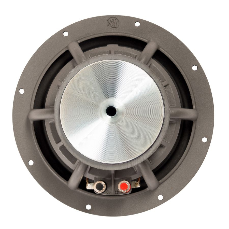 En rund högtalarbas med metallisk yta och anslutningar på baksidan.