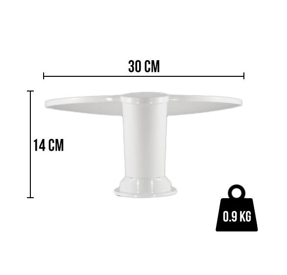 En vit husbilsantenn med måtten 30 cm x 14 cm och vikten 0,9 kg.