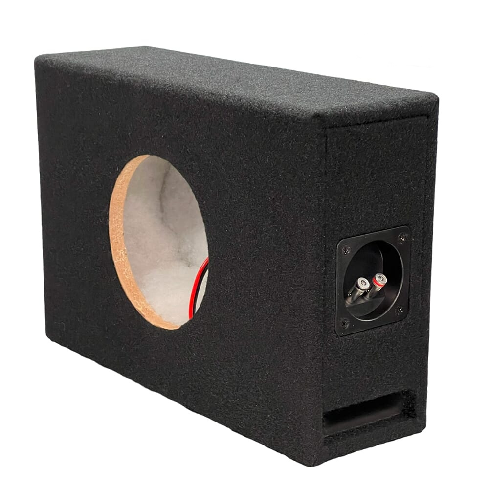 En tom baslåda i svart, med en rund öppning och terminaler på sidan.