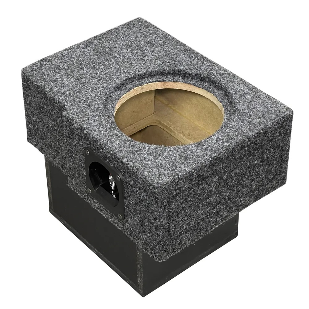 Modellanpassad tom baslåda med grå klädsel och hål för högtalare.