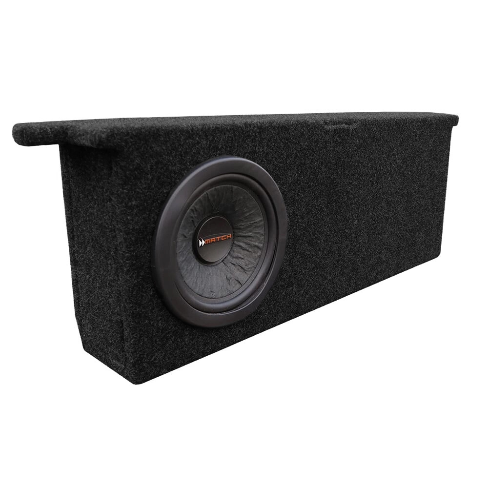 Modellanpassad tom baslåda för VW ID.3, klädd med svart tyg och med en högtalare.