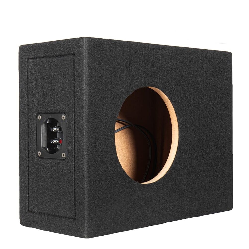 Tom baslåda med svart utvändig beläggning och rund öppning.