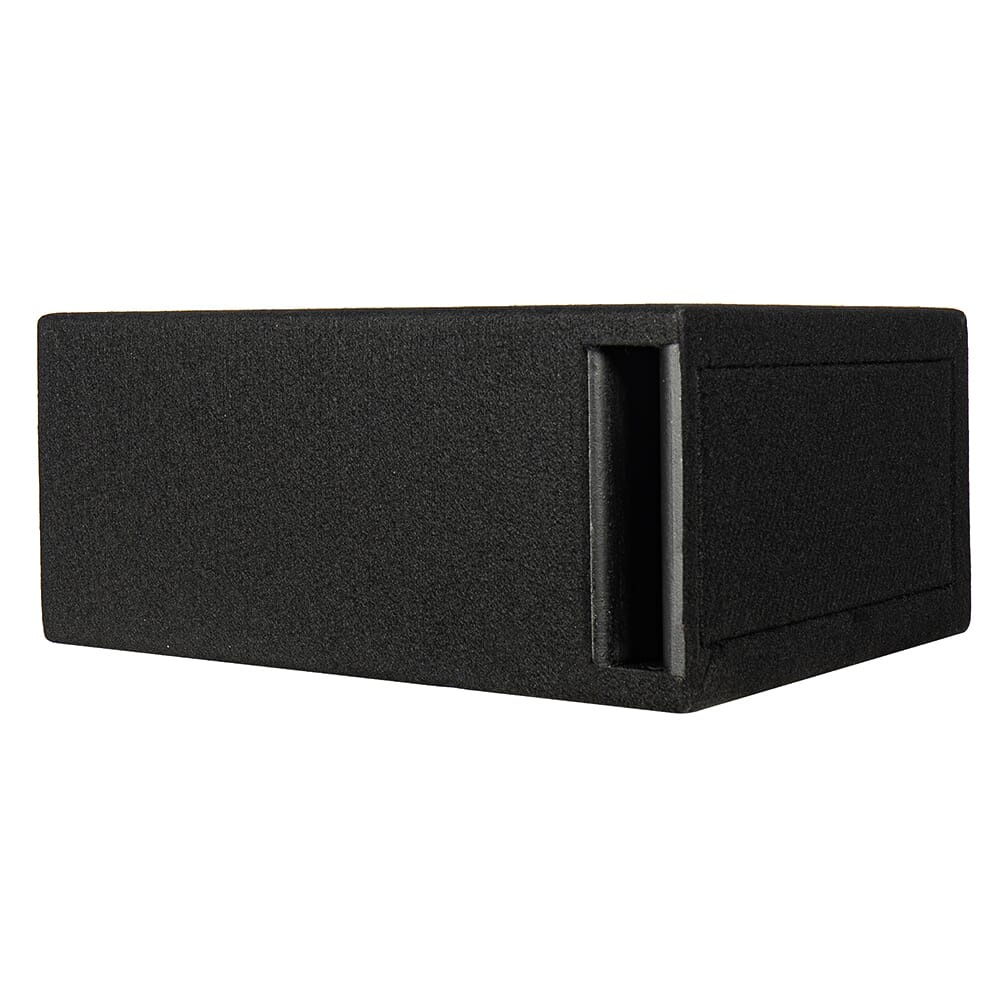 En svart tom baslåda för ljudsystem, rektangulär och klädd med tyg.