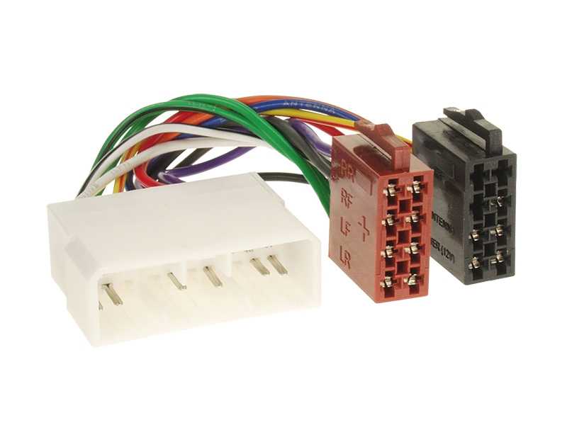 ISO-kontakt med flera färgkodade kablar för bilinstallation.