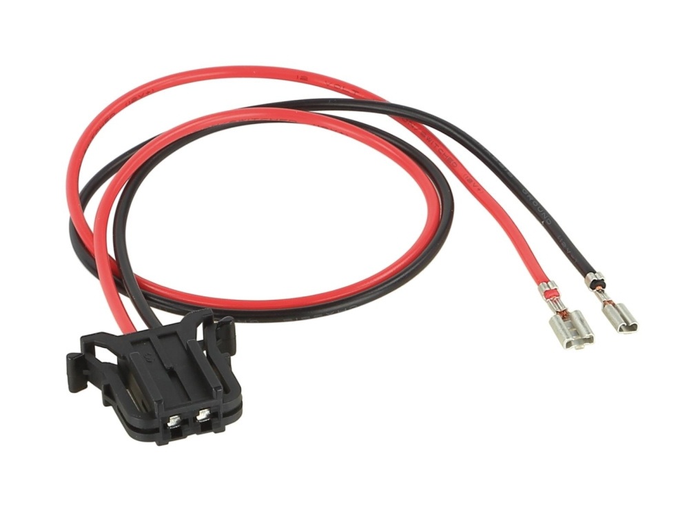 En kabeladapter med en svart kontakt och två ledningar, röd och svart.