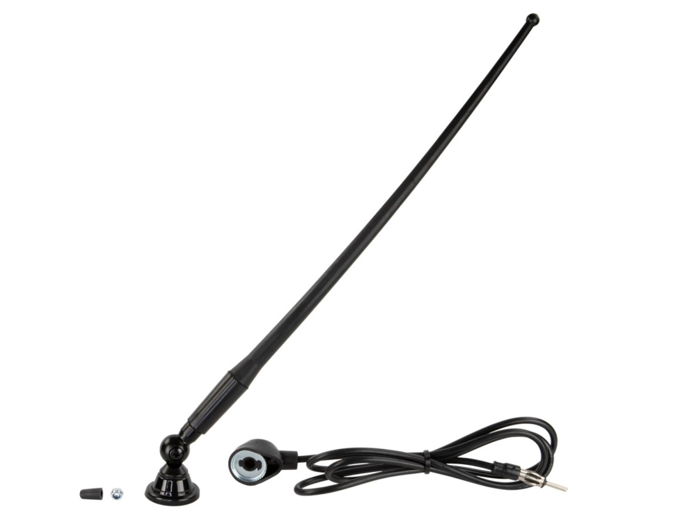 En lång svart takantenn med kabel och fäste.