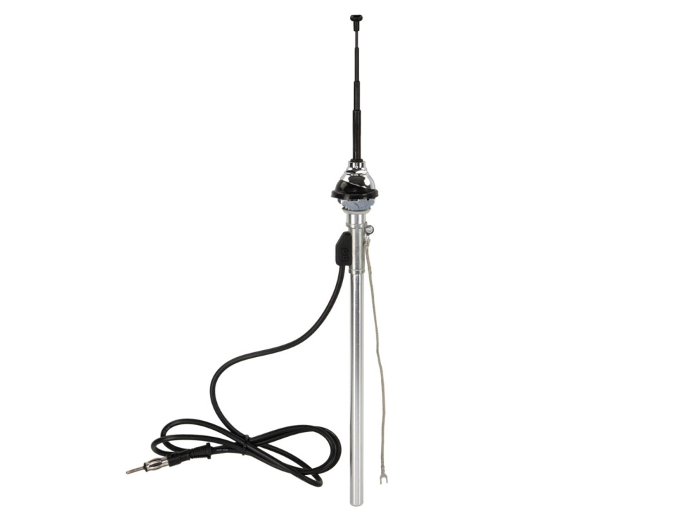 En svart teleskopantenn med silverfärgad stång och kabel.