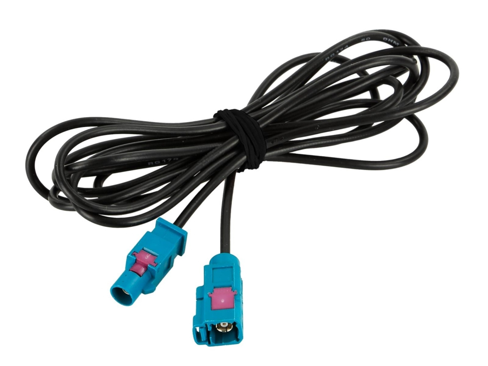 En svart antennkabel, 200 cm lång, med blå fakra-kontakter i båda ändar.