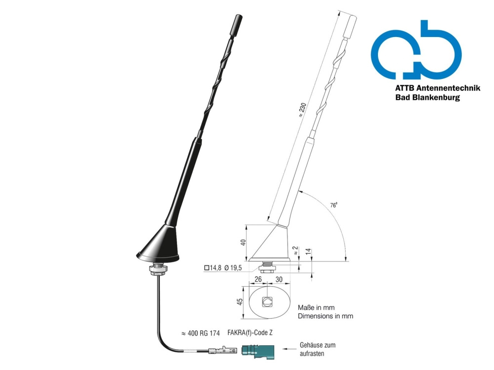 Takantenn AM/FM DAB+ passiv, 76° lutning
