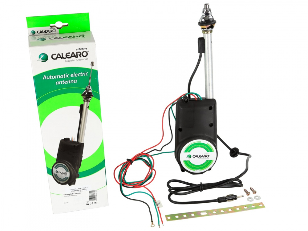 Teleskopantenn i krom för bilar som Audi och VW från 80-talet, med el- och installationsdelar.