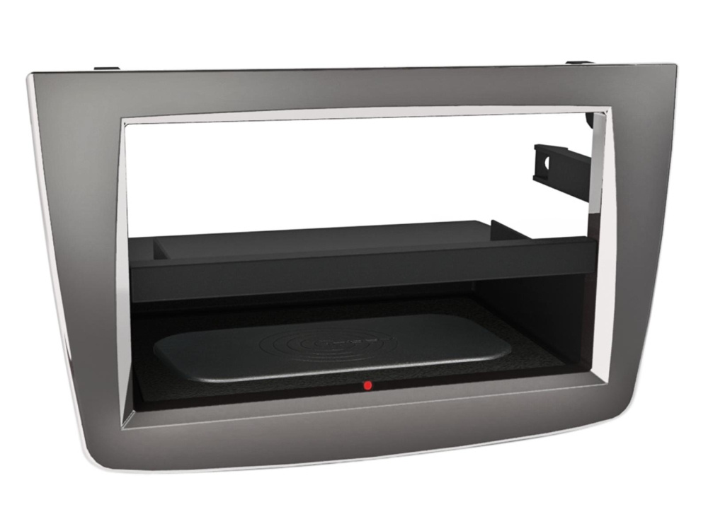 En silverfärgad monteringsram för 2-DIN-stereo, designad för Alfa Romeo Mito.