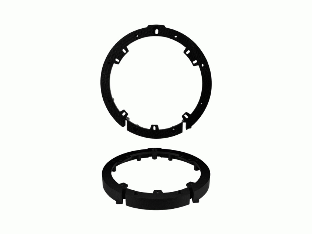 Två svarta högtalaradaptrar för Acura/Honda, Ø165mm, en ovanpå den andra.