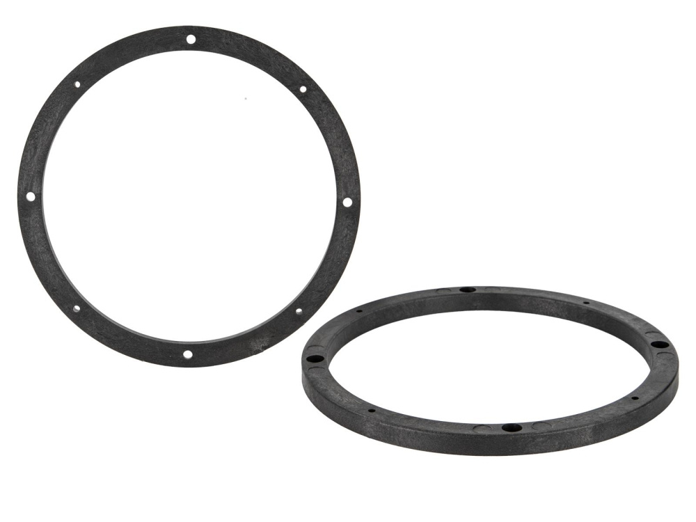 Två runda högtalaradaptrar i svart material.