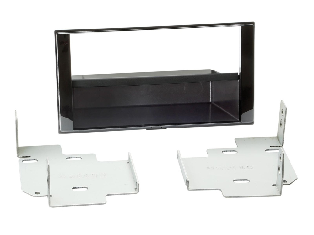 En svart monteringsram med prylfack och metallfästen för bil.