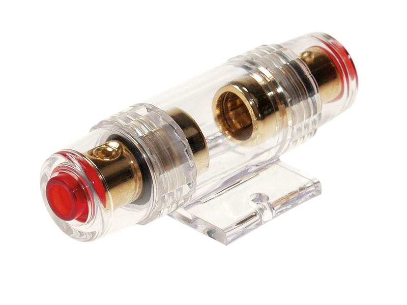 Säkringshållare för 10mm² - 20mm² med genomskinlig kropp och guldkontakter.