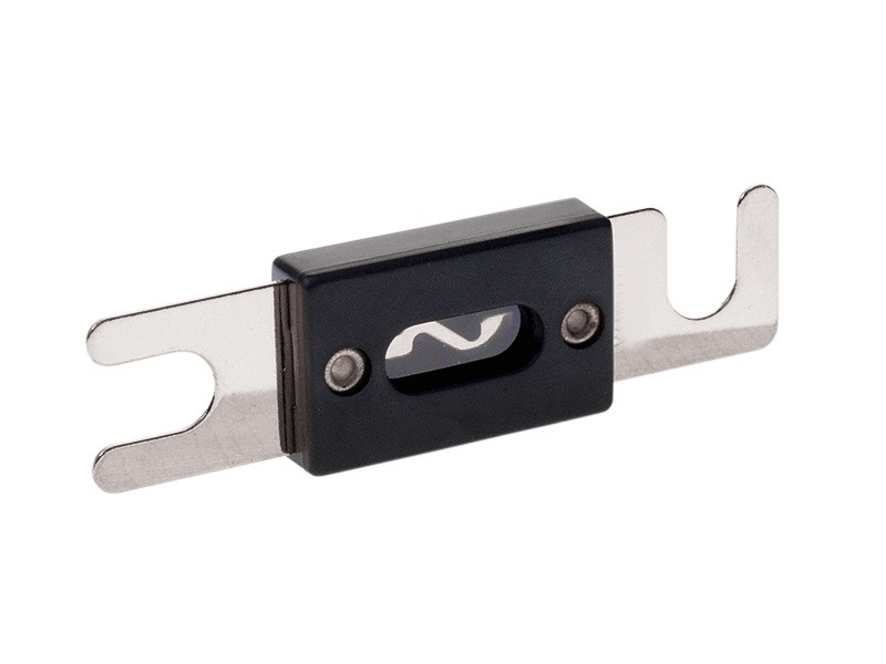 Säkring 150A med metallkontakter och svart plastkapsling.