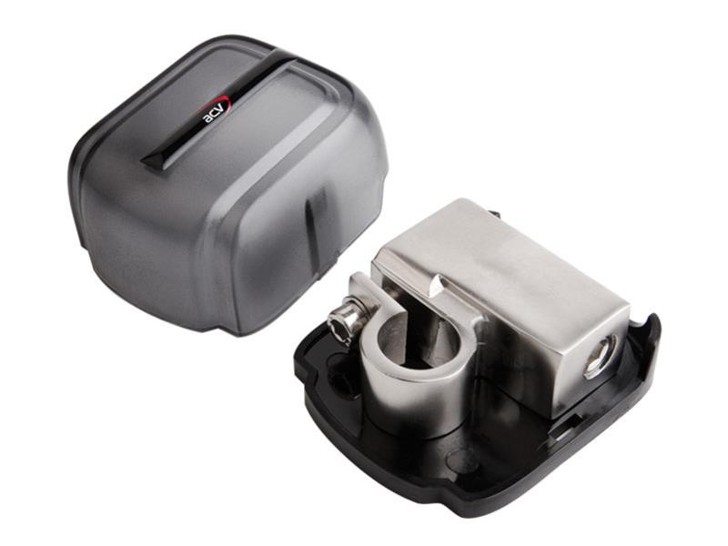 Batteriknopp med skydd, metallkontakt och plastlock för bilbatteri.