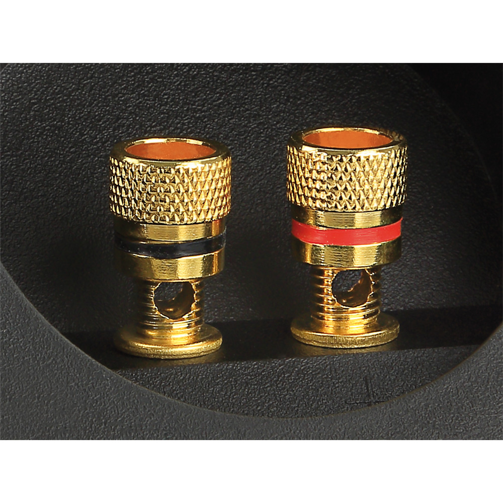 Två guldpläterade högtalarterminaler med röd och svart märkning.