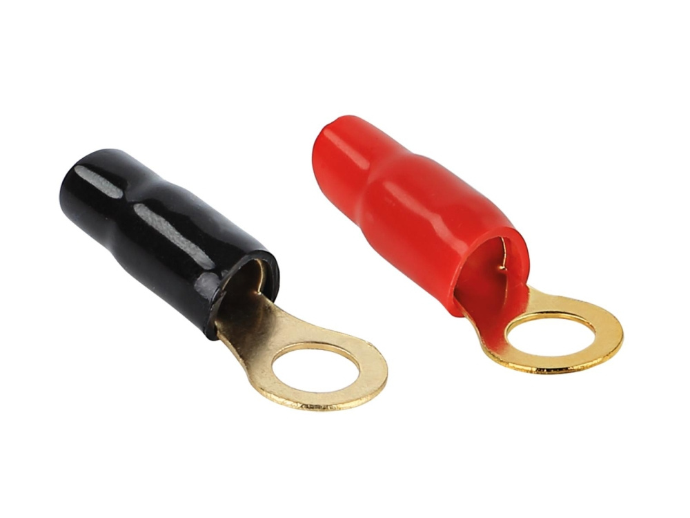 Två ringterminaler, en röd och en svart, för elektriska anslutningar.