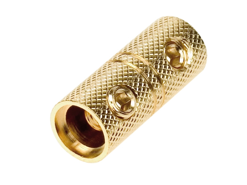 Kopplingsdel i metall med två skruvar för elektriska anslutningar.