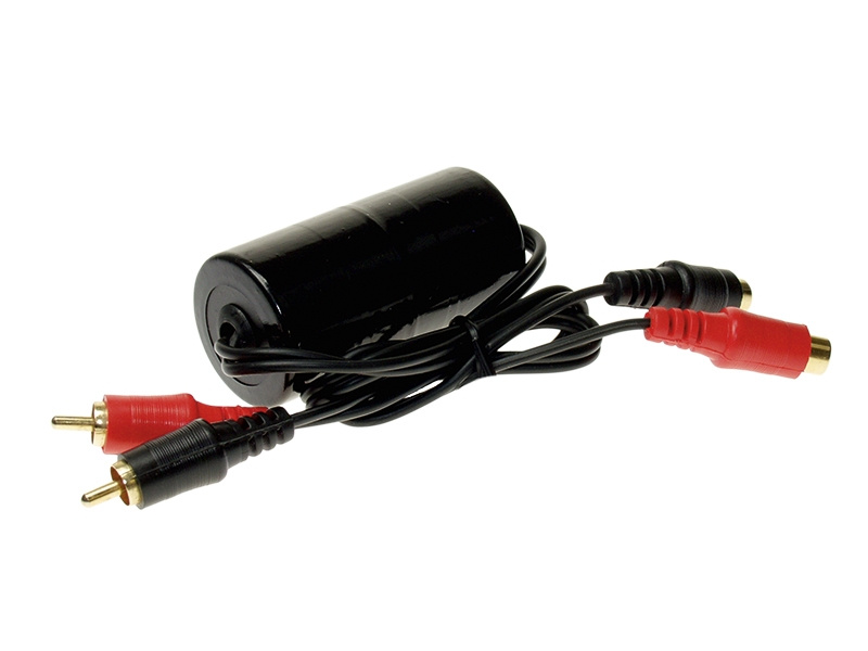 Störningsfilter i svart med RCA-kontakter för ljud.