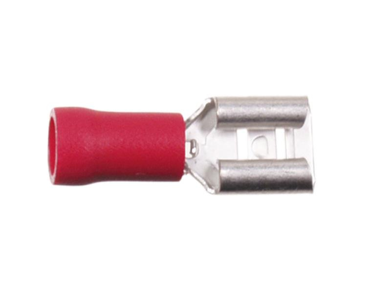 Röd flatstiftkontakt, 6,3 mm², del av 100-pack.