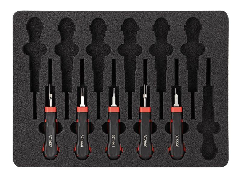 Verktygslåda med 5 urstiftningsverktyg i en skumfylld insats.