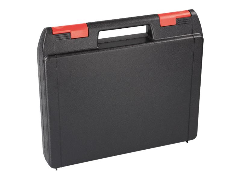 En svart verktygslåda med röd låsning och handtag.