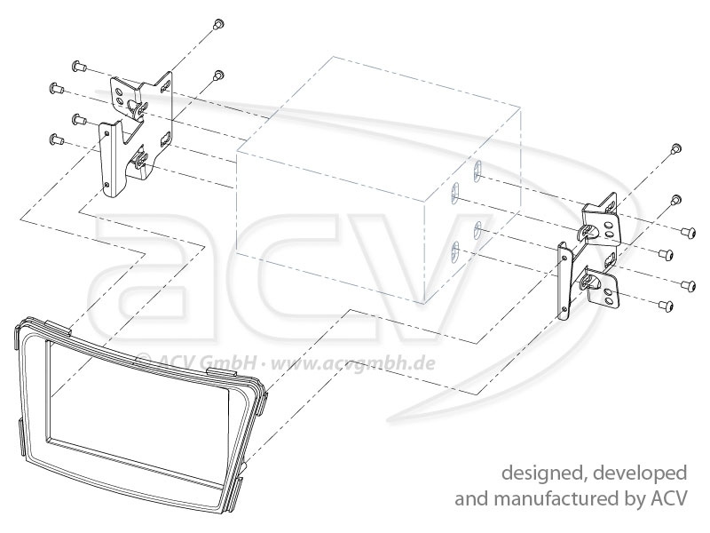 Monteringsram för 2-DIN stereo i Hyundai i40, med tillbehör och skruvar.