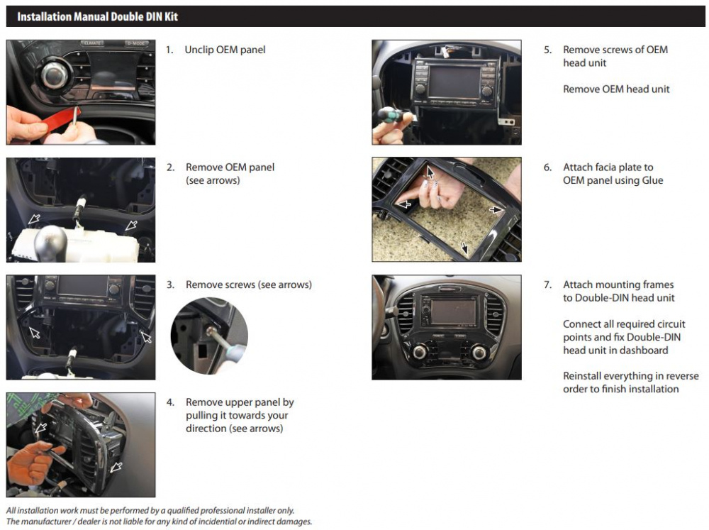 Installationsmanual för 2-DIN monteringsram till Nissan Juke 2010-2019.