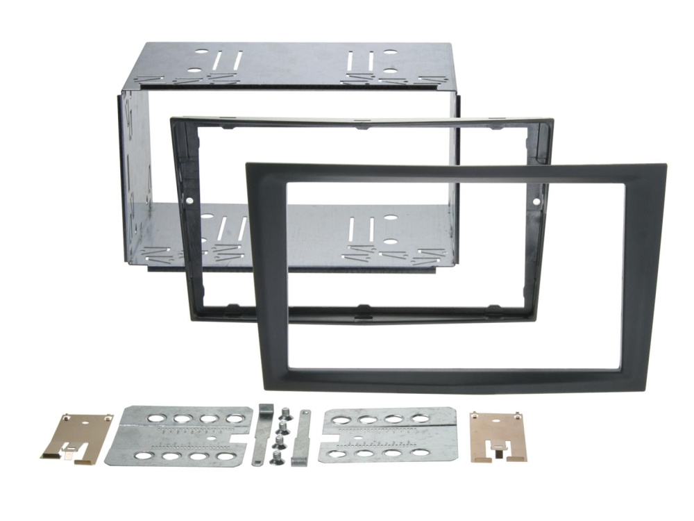 Monteringsram för 2-DIN enhet, inklusive fäste och ramdelar.