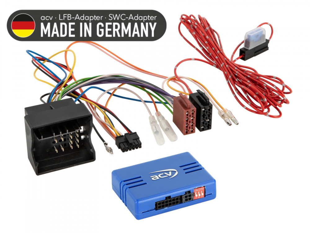 Kablage och adapter för BMW rattstyrning, färgkodade ledningar.