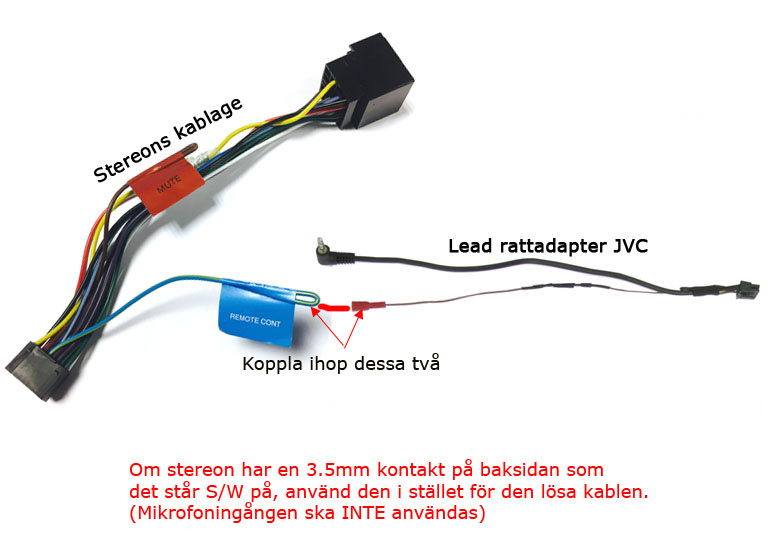 Kabeladapter för rattstyrning till JVC-stereo med kopplingsanvisningar.