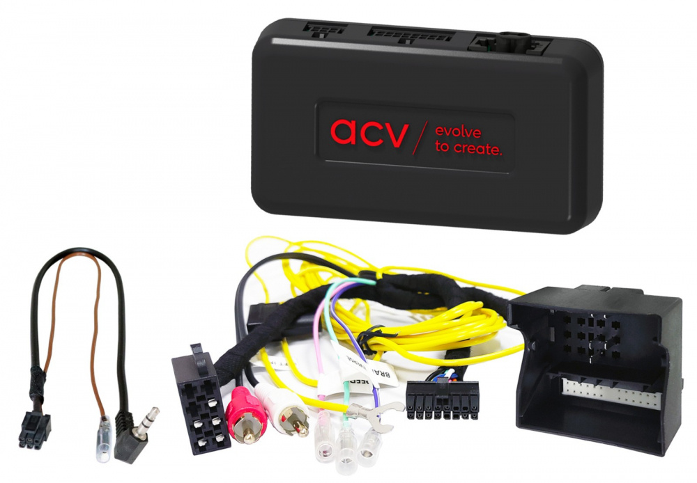 Kablage för rattstyrning med kontakter och en svart enhet.