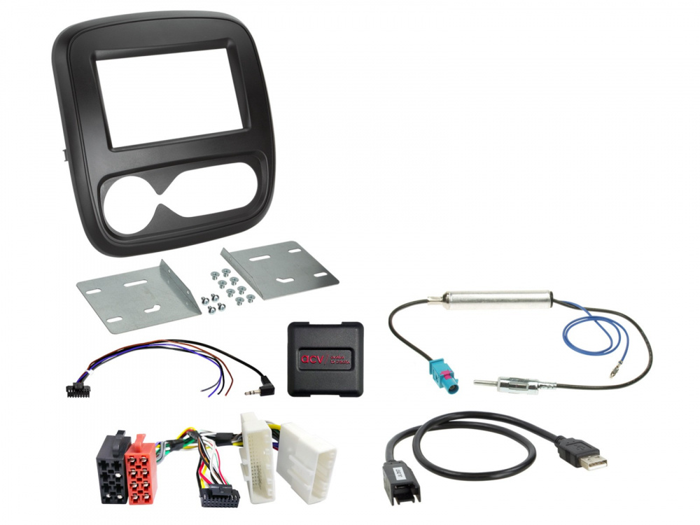 Installationskit för 2-DIN, inklusive ram, kablar och adapter för Fiat/Nissan/Opel/Renault.