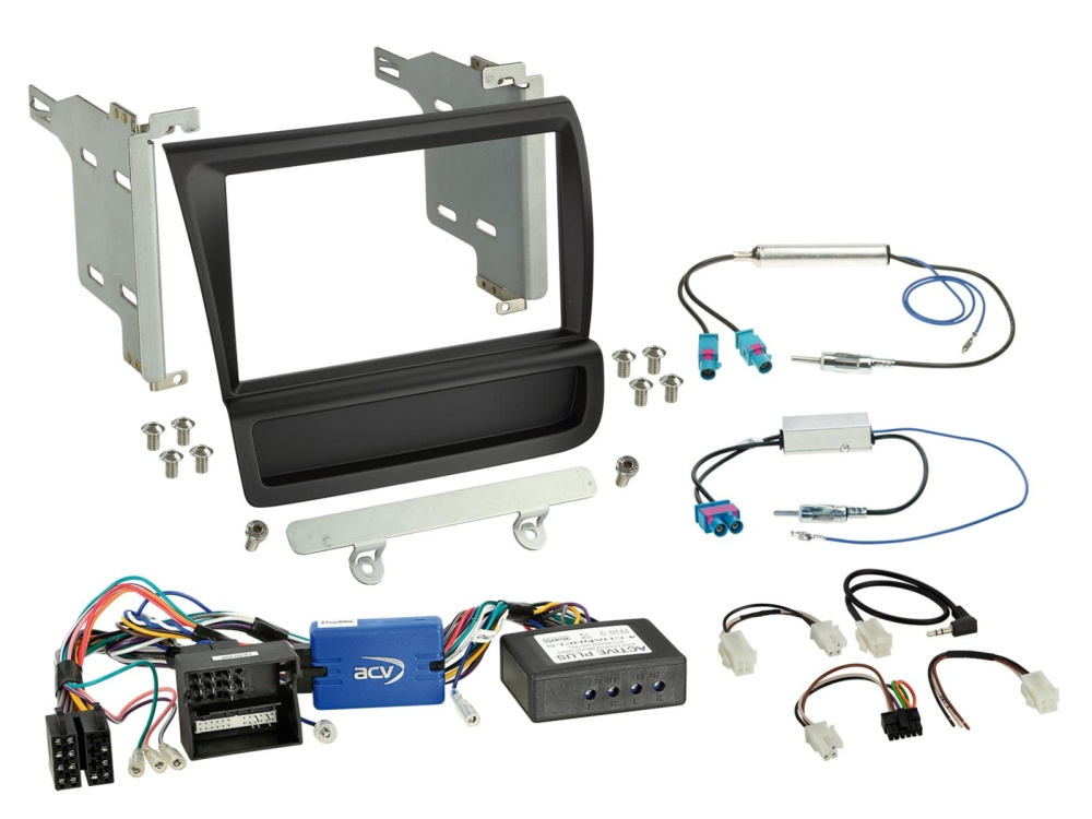 Installationskit för 2-DIN stereo i Audi R8, svart med kablar och fästen.