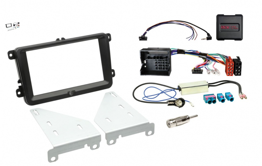 Installationskit för Volkswagen Dubbel-DIN med ram och anslutningsdelar.