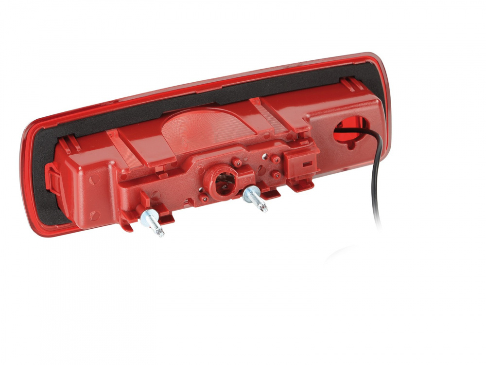 En röd backkamera med monteringsdetaljer och en kabel.