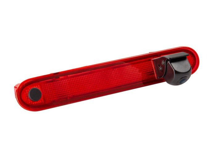 Bromsljus med integrerad backkamera, röd och långsmal design.