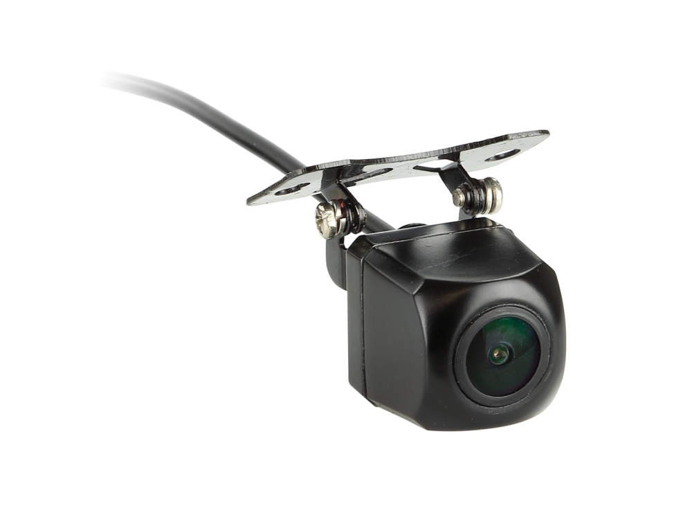 Kameran är fyrkantig, svart och har en monteringsplatta med två skruvar.