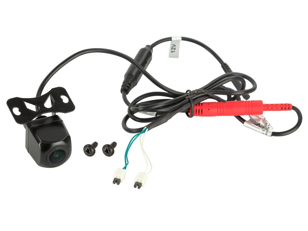 En fyrkantig backkamera med kablar och fäste.