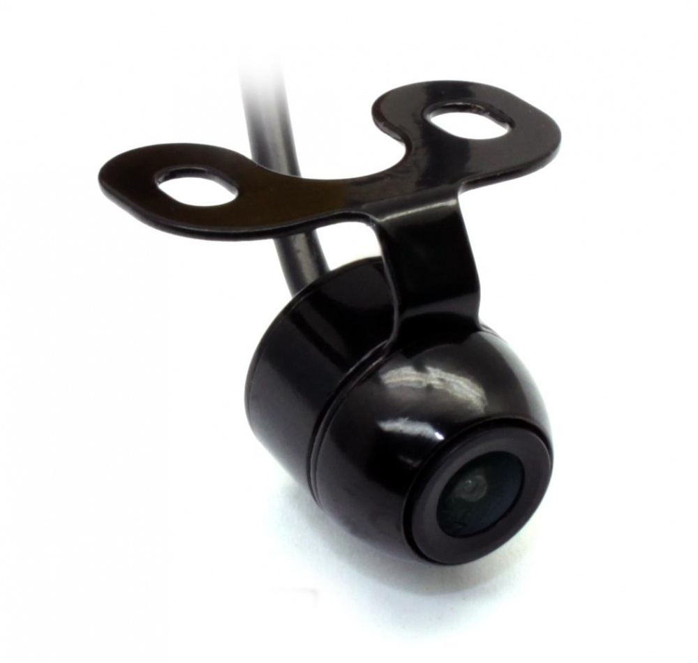 En svart backkamera med fäste för installation.