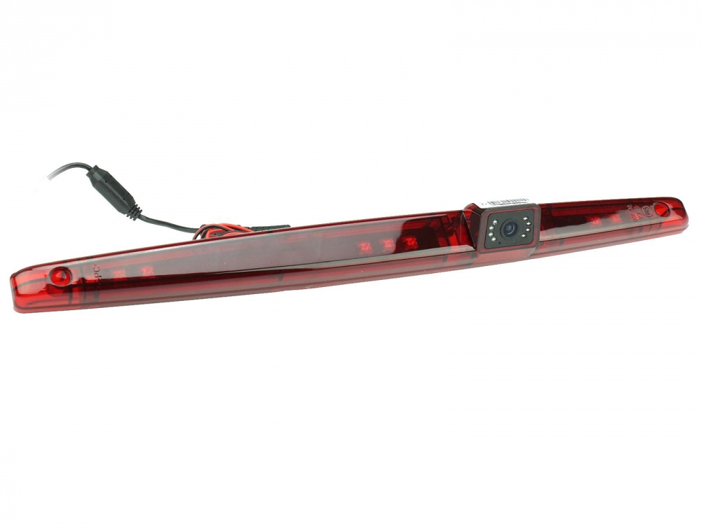 En röd ljuslist med inbyggd backkamera och bromsljus.