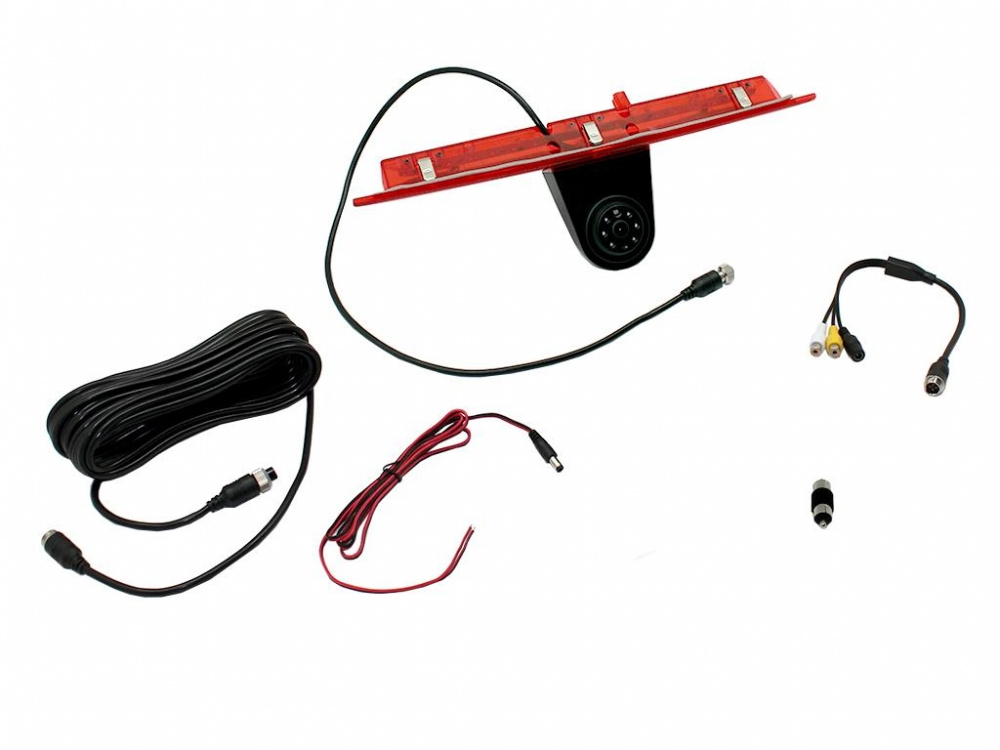 Backkamera med tillbehör för Ford Transit, inklusive kablar och kontakter.