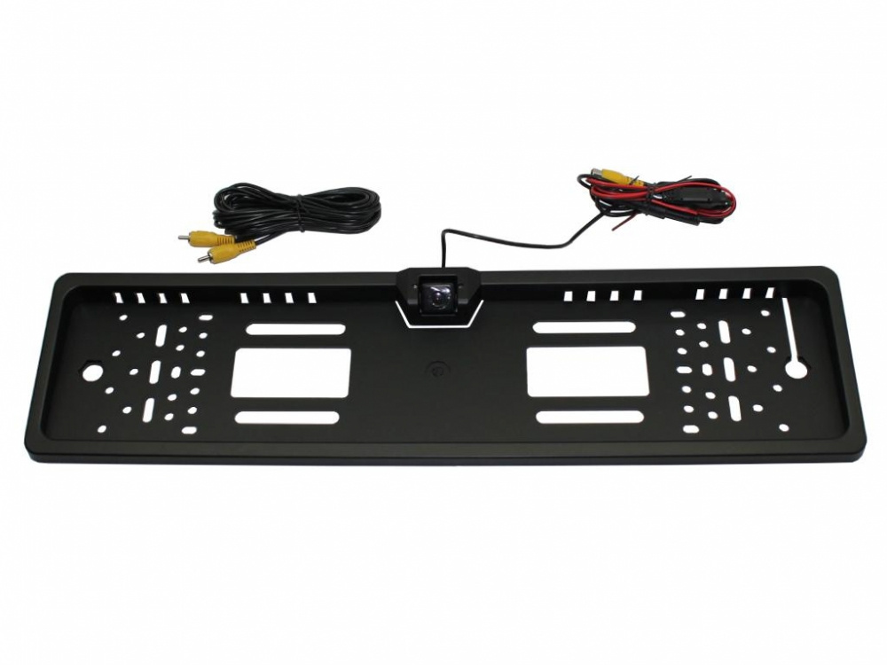 Nummerplåtshållare med integrerad backkamera och LED-belysning.