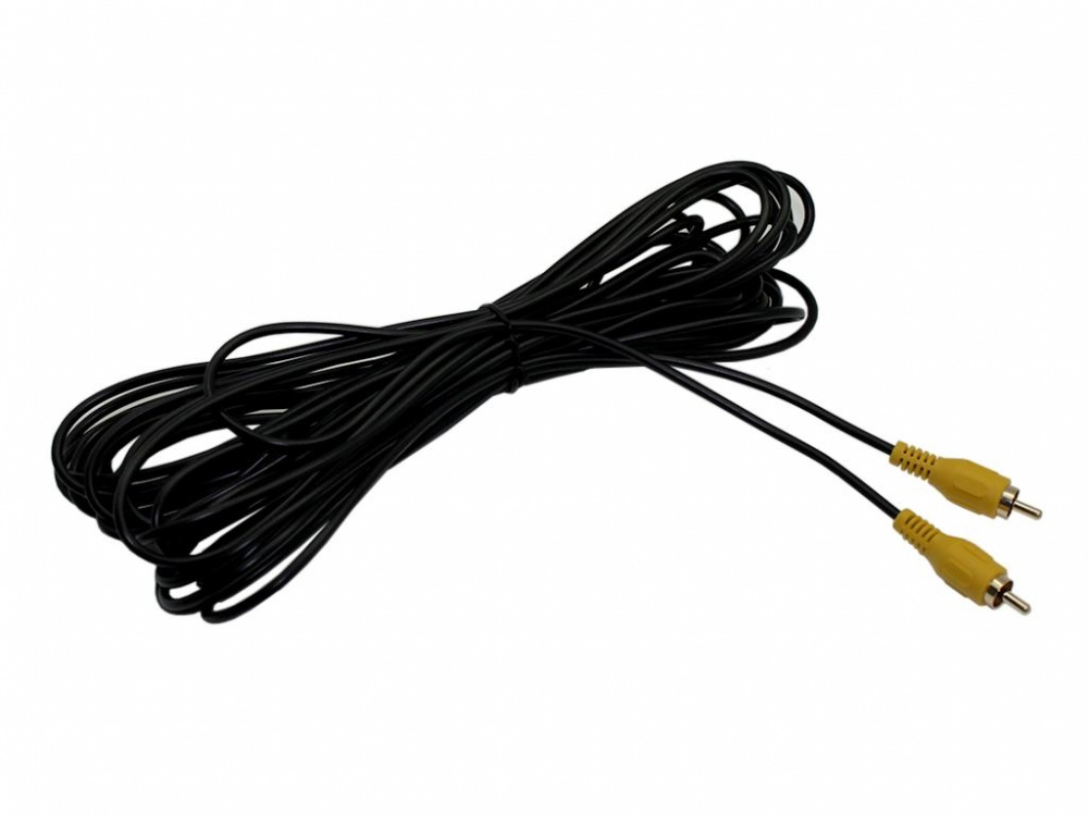 Svart RCA-kabel, 10 meter lång, med gula kontakter i varje ände.