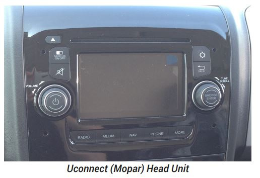 Skärm och kontroller för Uconnect (Mopar) ljudsystem.